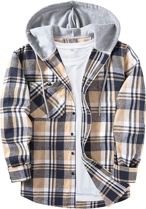 Men's Flannel Hoodie Shirts Casual Button Down Plaid Shirt Jackets for Men Long Sleeve Stylish Hooded with Pocket