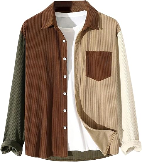 Men's Corduroy Button Down Shirt Jacket Color Block Long Sleeve Shacket with Pocket
