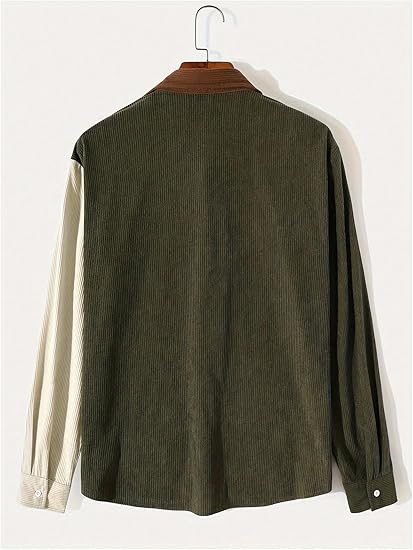 Men's Corduroy Button Down Shirt Jacket Color Block Long Sleeve Shacket with Pocket
