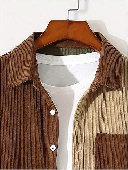 Men's Corduroy Button Down Shirt Jacket Color Block Long Sleeve Shacket with Pocket